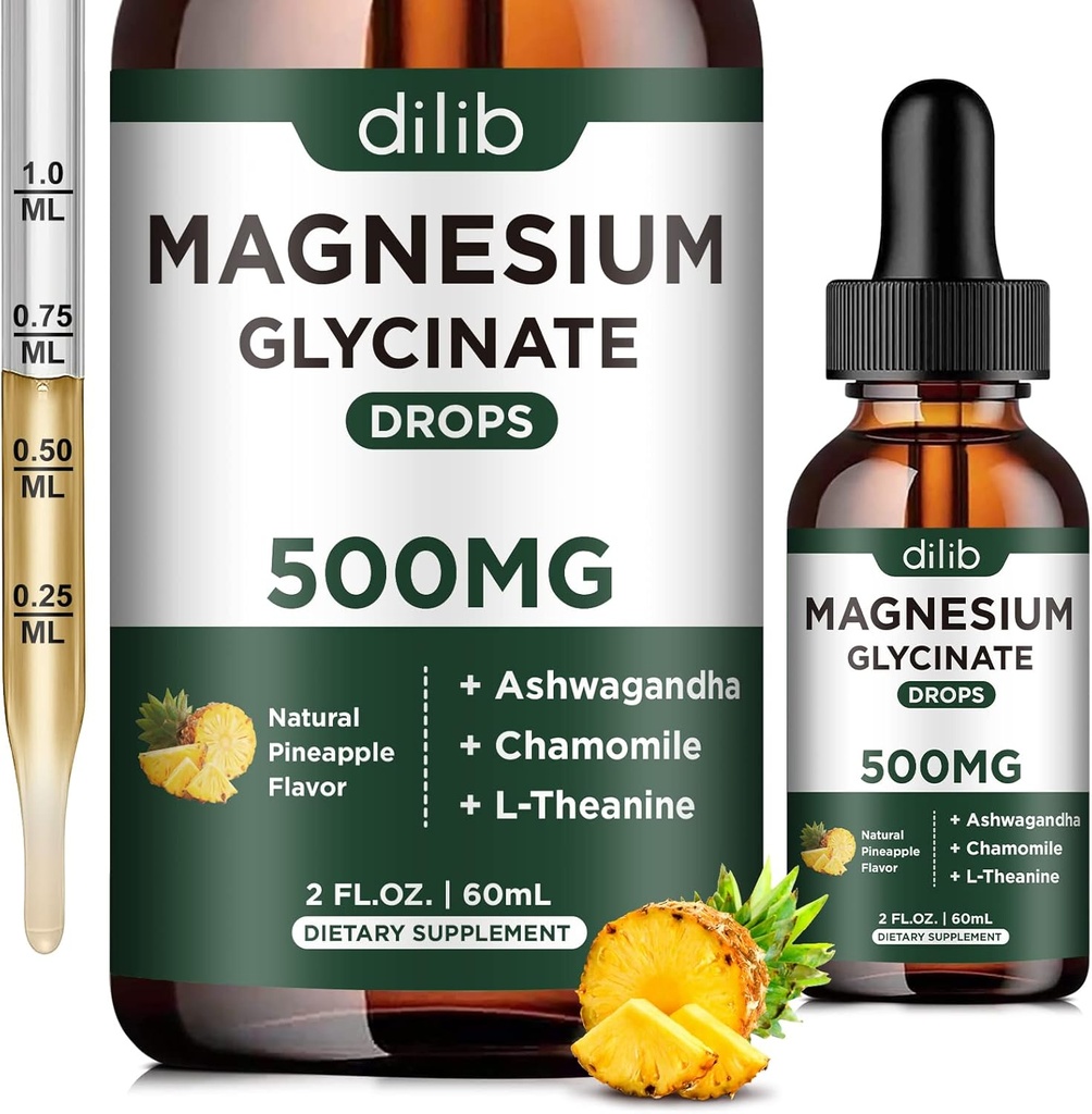 Glycinat de magnésium 500mg - gouttes de magnésium liquide, Ashwagandha, L - Theanine, Camomille - Calme et soulagement du stress, relaxation, sommeil reposant, santé du cœur musculaire, végétalien - 2 Fl Oz (30 jours)