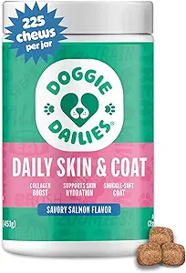 Doggie Dailies Skin & Coat Supplement Support, Salmon Oil for Dogs Skin and Coat with Collagen, Omega 3, Krill Oil, Biotin, & Coconut Oil for Dogs (Salmon) 225 Soft Chews