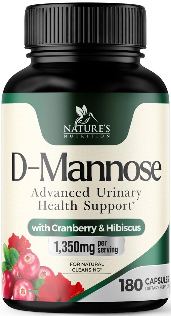 Supplément D-Mannose 1 350 mg avec Cranberry & Hibiscus - Effective Fast-Activing, Flush the Impureities for Natural Bladder, Urinary Tract Health Support, pour les femmes et les hommes, non OGM, végétalien, 180 capsules