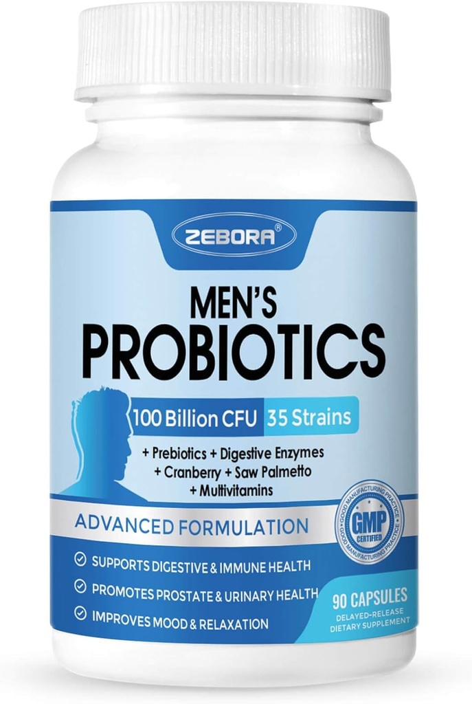 ZEBORA Probiotiques pour hommes 100 Million CFU - Probiotiques pour la santé digestive, Supplément probiotique pour hommes, Prébiotiques et enzymes, pour la santé de la prostate avec Saw Palmetto