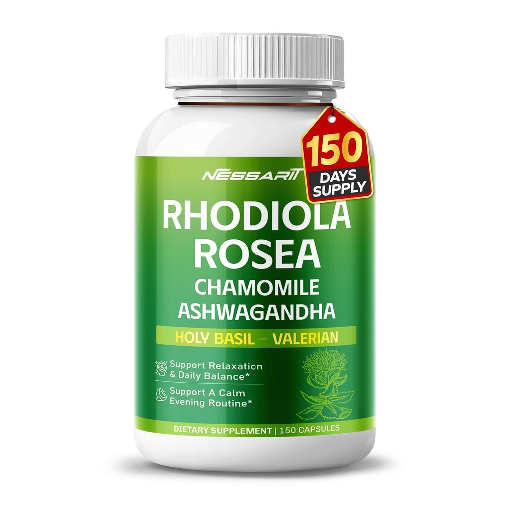 RHODIOLA ROSEA Supplément- 11-en-1 Mélange naturel avec Camomile L-Theanine Ashwagandha Saint Basile Valérien Passionfleur - 150 Comte - Fabriqué et testé aux États-Unis