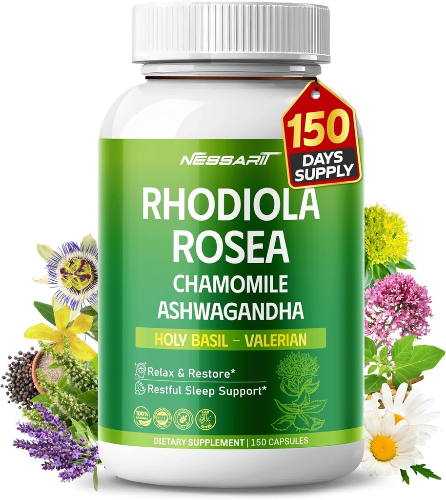RHODIOLA ROSEA Supplément- 11-en-1 Mélange naturel avec Camomile L-Theanine Ashwagandha Saint Basile Valérien Passionfleur - 150 Comte - Fabriqué et testé aux États-Unis