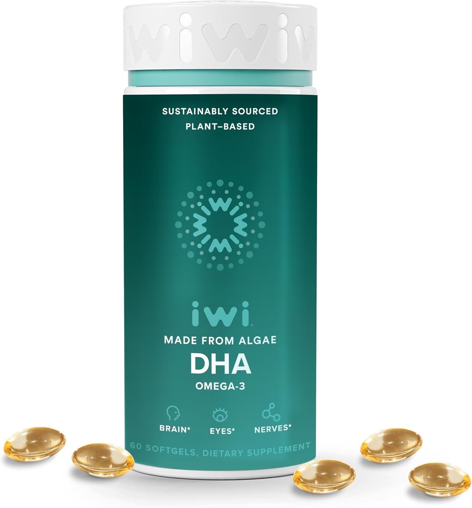 Iwi DHA Omega-3, 60 Softgels (30 portions), Algae Omega à base de plantes 3, Cerveau, Yeux et système nerveux Soutien Supplément alimentaire, Krill et huile de poisson Alternative, Pas de arrière-goût de poisson