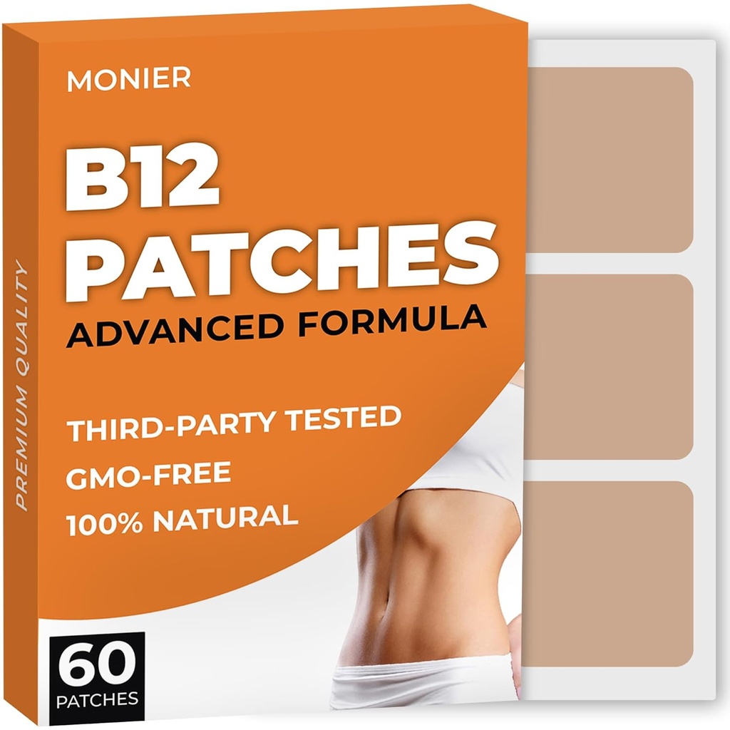 B12 Patches (paquet de 60) - Patch 100% naturel pour les femmes et les hommes - Fermement, énergie, focus et soutien corporel - Formule améliorée