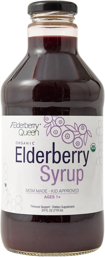 Sirop de mûre aînée biologique Queen 24 Fl Oz - Formule de soutien immunitaire avec Sambucus Black Elderberry & Aronia Berry - Sirop de mûre aînée biologique certifié pur naturel pour les enfants et les adultes