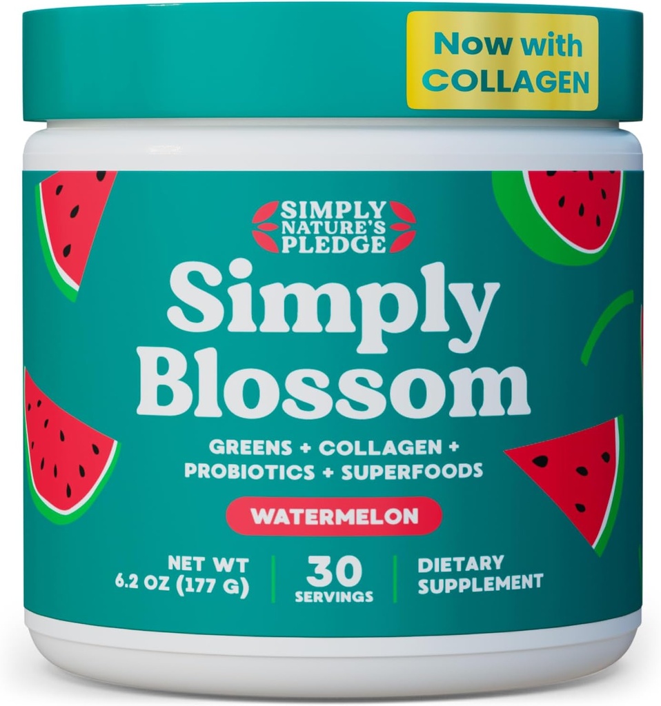Simply Blossom Nutrition Daily Greens & Superfood Powder + Collagen + Probiotiques pour la santé digestive des femmes & Bloating Relief. Aidez votre santé Bloom - 30 jours d'approvisionnement - Pastèque