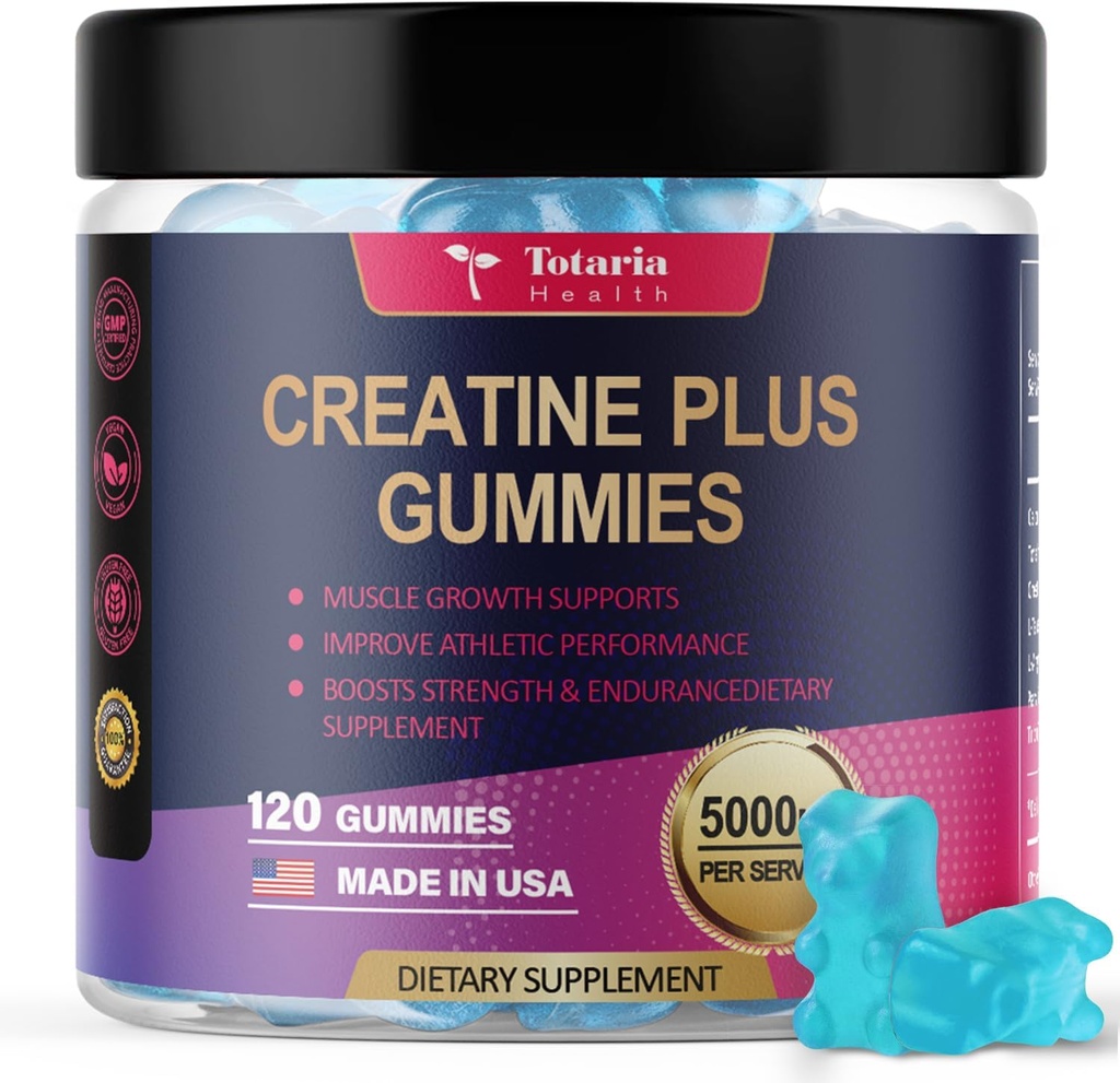 Totaria Creatine Monohydrate Gommies pour les hommes et les femmes 5000mg Supplément sans sucre avant l'entraînement Créatine pour la force musculaire, le constructeur musculaire, l'énergie Boost, Vegan, Blueberry Flavor, 120 comte