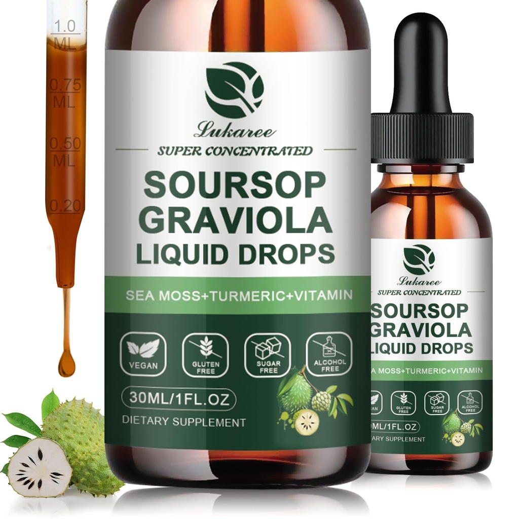 (2 Pack) Sourop Graviola Extrait de feuille goutte liquide plus mousse de mer botanique pure pour le soutien cellulaire et la régénération, l'immunité, foie, Gut et antioxydant - Sourop Bitters liquide, saveur naturelle, 1 Fl Oz