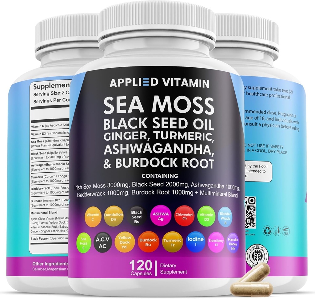 Moss de mer 3000mg Capsules, Immune biologique Support Huile de graines noires, Suppléments Ashwagandha, Bladderwrack Organic, Turmeric, Burdock Root Organic, Vitamine C, D3, Minéraux végétaliens (120)