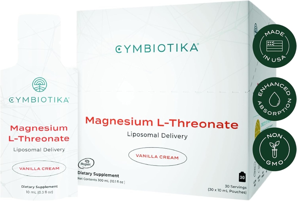CYMBIOTIKA Magnésium liposomique L-Thréonate 1300 mg – Magnésium à haute absorption pour la santé du cerveau, la mémoire, le focus et le stress – favorise la clarté mentale et l'équilibre d'humeur, fabriqué aux États-Unis, 1 mois d'approvisionnement