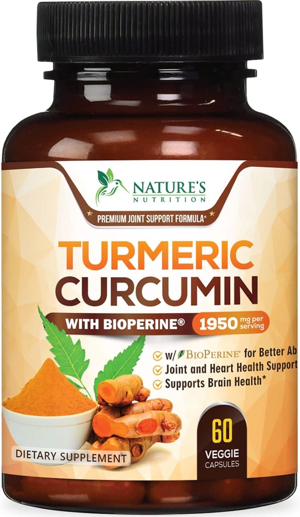 Supplément curcumin curcumin curcuma 1950mg - 95% Curcuminoides avec extrait de poivre noir curcuma et biopérine biologique pour la meilleure absorption, support de joint végétalien de la nature, non-OGM, mis en bouteille aux États-Unis - 60 Capsules