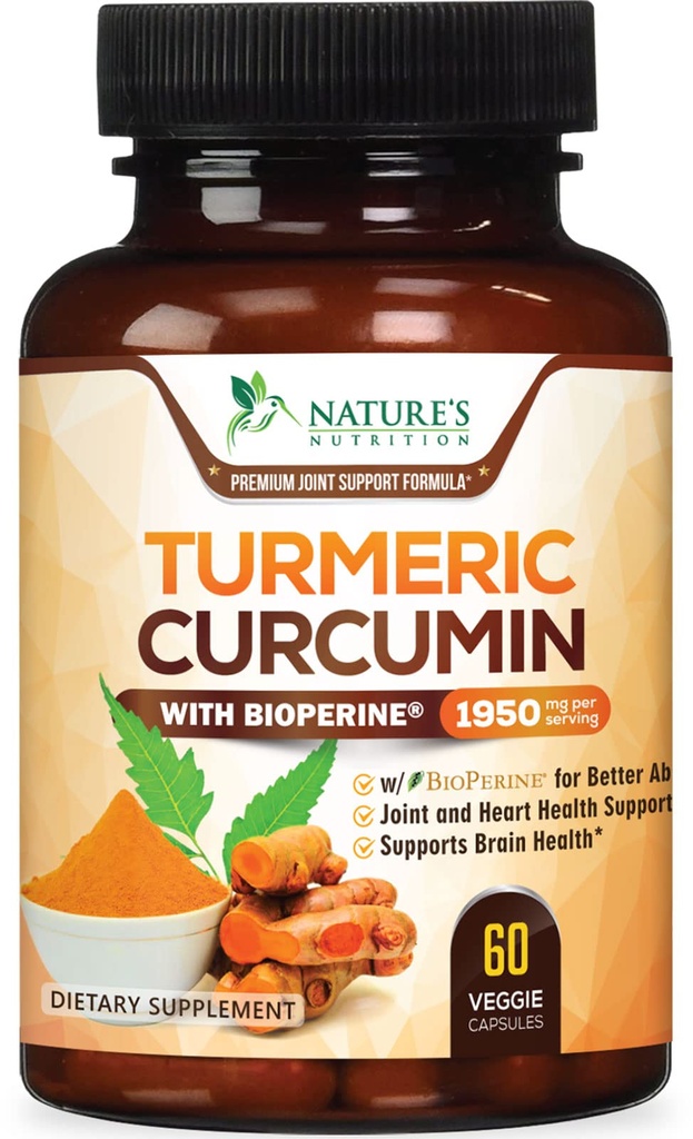 Supplément curcumin curcumin curcuma 1950mg - 95% Curcuminoides avec extrait de poivre noir curcuma et biopérine biologique pour la meilleure absorption, support de joint végétalien de la nature, non-OGM, mis en bouteille aux États-Unis - 60 Capsules