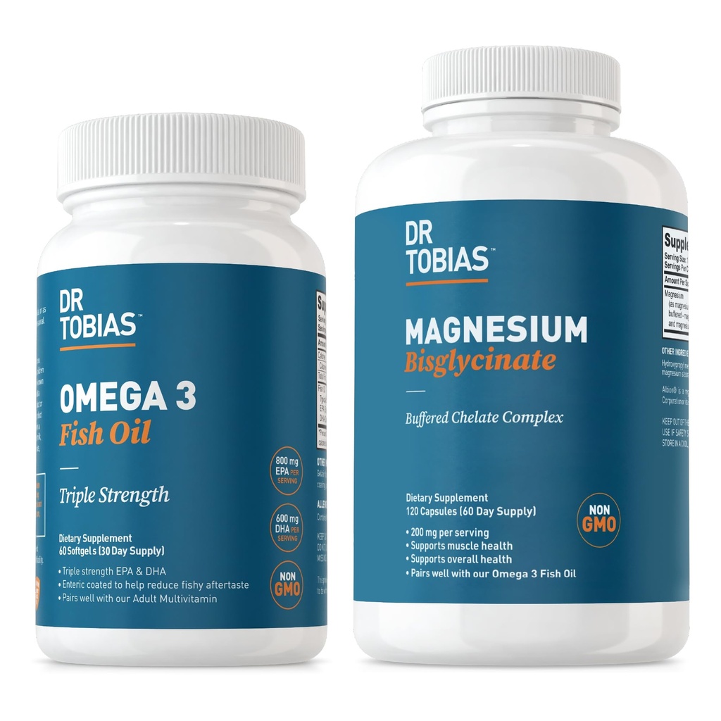 Dr Tobias Omega 3 Huile de poisson et suppléments de bisglycinate de magnésium, haute absorption, soutient le coeur, le cerveau, l'Immune, l'énergie, le muscle, les os et la santé articulaire, non-OGM