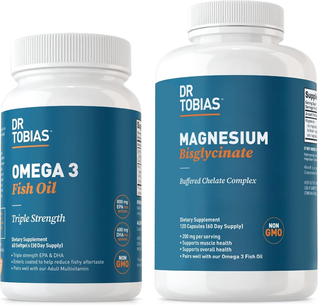 Dr. Tobias Omega 3 Fish Oil & Magnesium Bisglycinate Supplements, High Absorption, Supports Heart, Brain, Immune, Energy, Muscle, Bone & Joint Health, Non-GMO