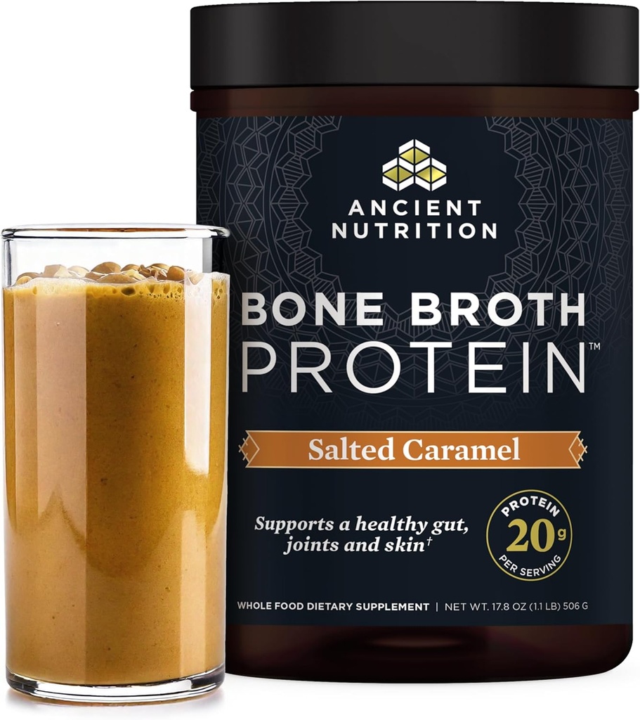 Ancient Nutrition Bone Broth Protéine Poudre, Caramel Salé, 19g Protéines par portion, Boeuf, Soutient une peau saine, Santé Gut, Supplément articulaire, Sans gluten, Paléo et Keto Friendly, 20 portions