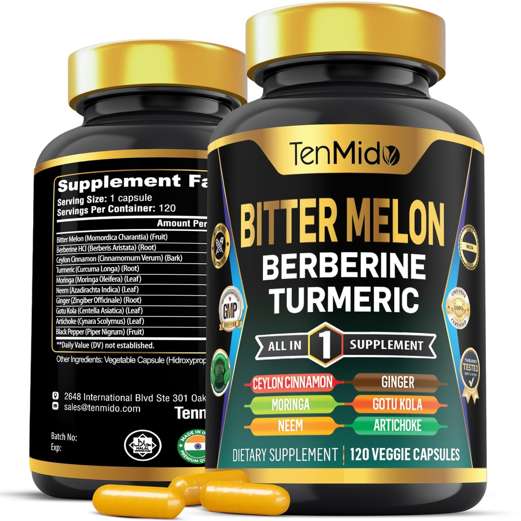 Bitter Melon Capsules - 10in1 Formula - Combine with Berberine, Ceylon Cinnamon, Turmeric, Moringa, Neem, Ginger, Gotu Kola, Artichoke, and Black Pepper - 120 Capsules for 4 Months Supply