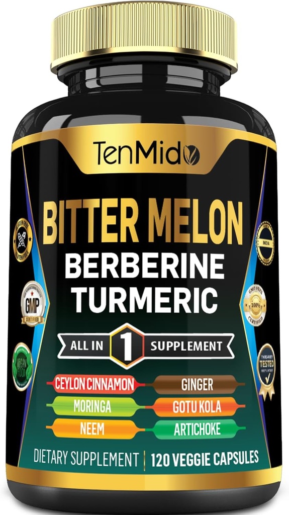 Capsules Melon Bitter - Formule 10in1 - Combiner avec Berberine, Ceylan Cinnamon, Turmeric, Moringa, Neem, Ginger, Gotu Kola, Artichoke et Black Pepper - 120 Capsules pour 4 mois d'approvisionnement