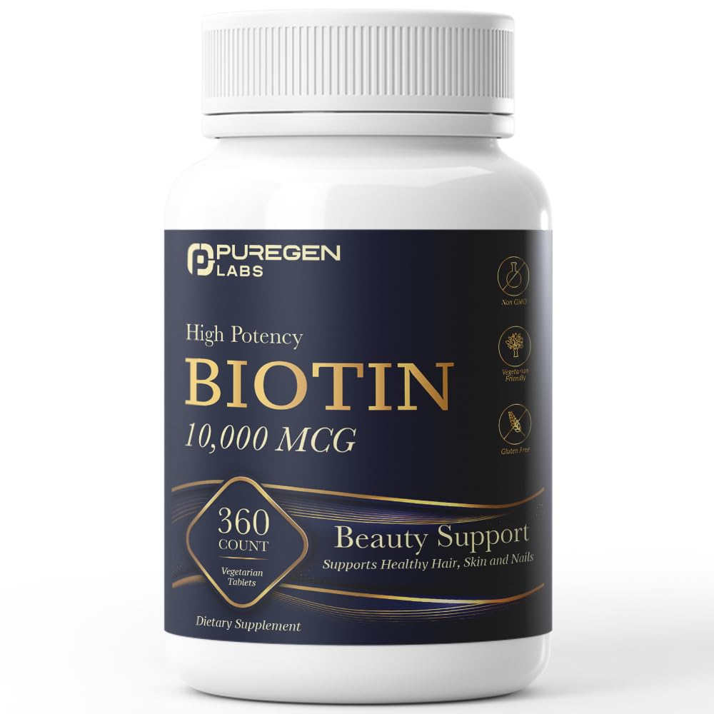 Puregen Labs Biotin 10 000 MCG soutient la santé des cheveux, de la peau et des ongles - Soutien beauté haute puissance - Non-OGM, sans gluten