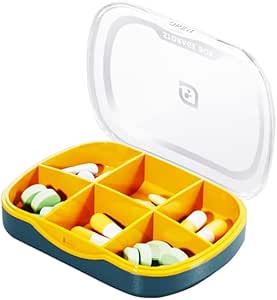 Organisateur hebdomadaire de cas de pilules, Petit planificateur de boîtes à pilules 6 bacs, Mignon Pocket Purse Daily Medicine Dispenser Rappel pour Vitamine, Supplément, Huile de poisson, Capsules, Comprimé, Meds Storage Trier