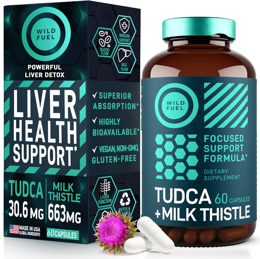 TUDCA et supplément de chardon de lait - Supplément de sel biliaire avec silymarin extrait de chardon Nettoyage du foie, Gallbladder, Rein, Gut Health - Acide ursolique Tudca sel de soie Santé du foie - 60 capsules