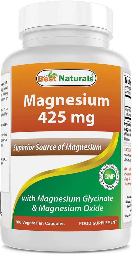 Best Naturals Magnésium 425 mg 180 Capsules de Véggie - Haute Absorption Magnésium Glycinate et Oxyde de Magnésium Chélaté, non-OGM, Muscle sans gluten Relax (180 Nombre (paquet de 1))