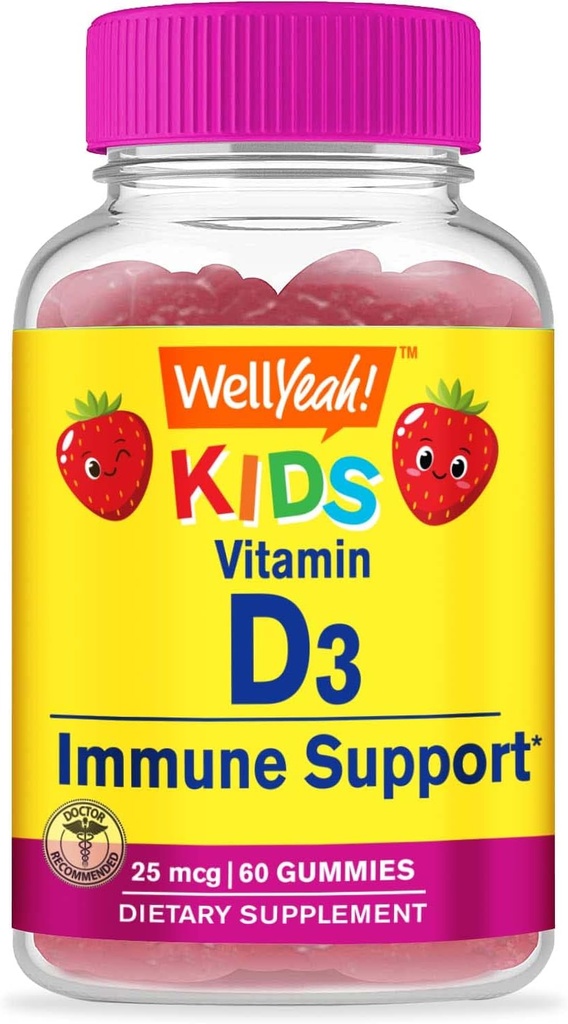 Eh bien, les enfants Vitamine D3 Gummies - 1000 UI (25 mcg)- Soutient la force osseuse et l'immunité - Non-OGM, sans gluten - Arôme de fraise - Supplément nutritionnel - 60 portions