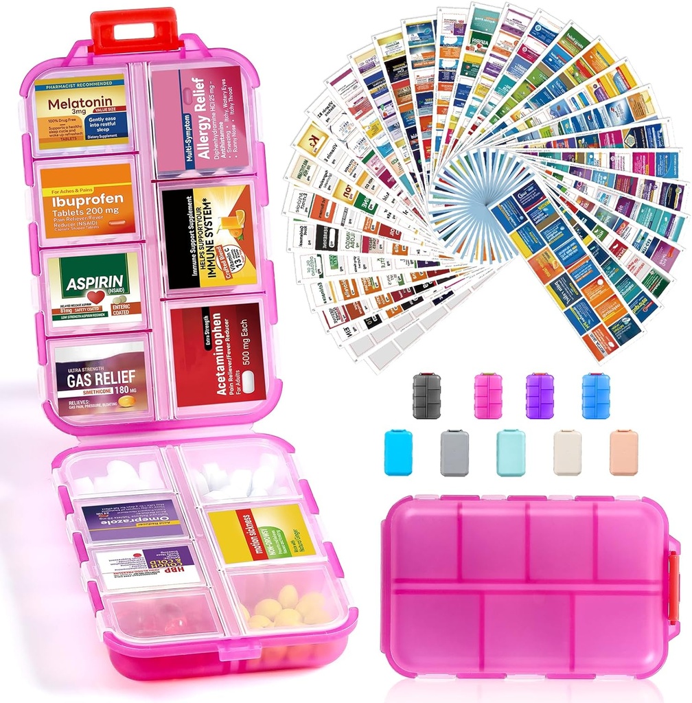 14 Grilles Boîte d'organisateur de pilules de voyage avec 415-Pcs Medicine Name Etiquettes - Pocket Daily Pharmacie Trousse de contenants - Distributeur de médicaments de voyage pour l'huile de poisson entreposage de supplément de vitamine - Rose claire
