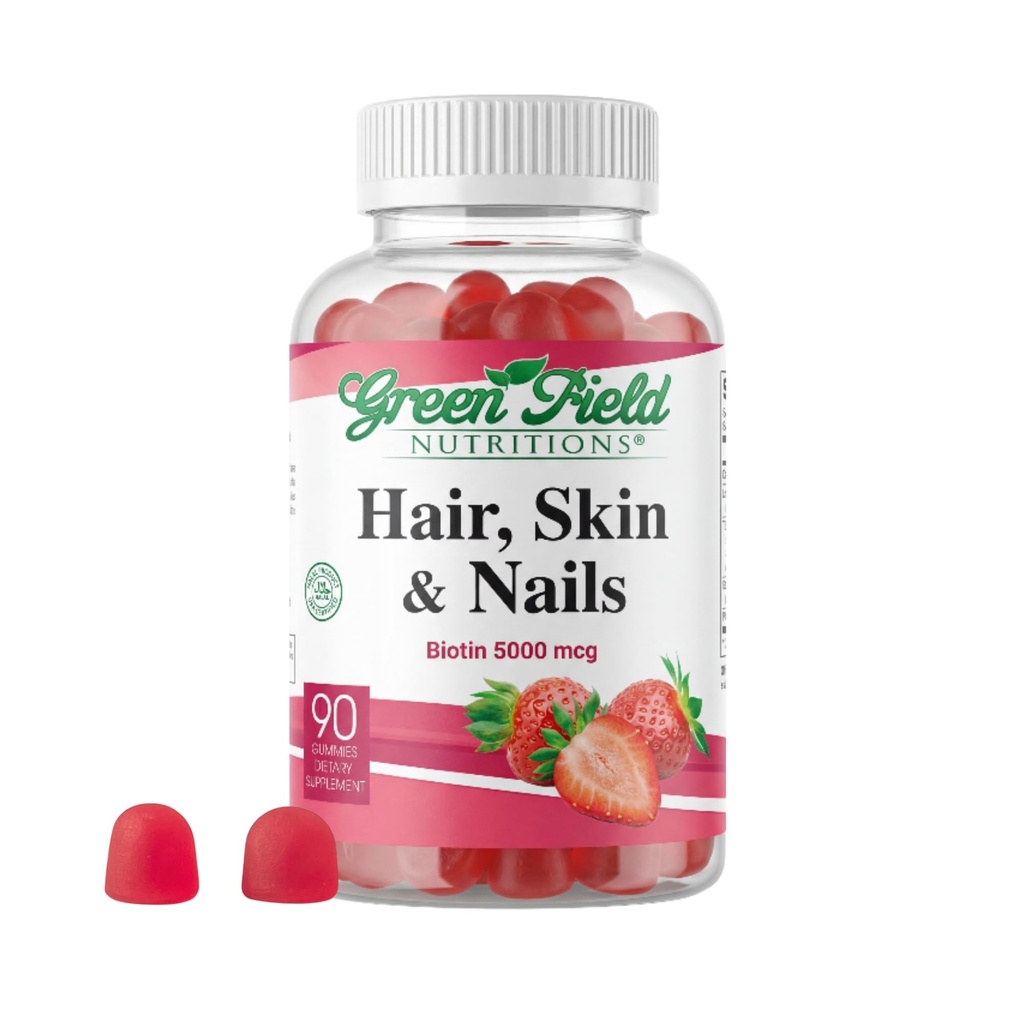 Greenfield Nutritions - Gommies de biotine halal Vitamine pour les cheveux, la peau et les ongles, soutient le métabolisme des graisses, la croissance des cheveux, les ongles forts et la peau claire, sans gélatine, sans OGM et sans gluten - 90 Gommies