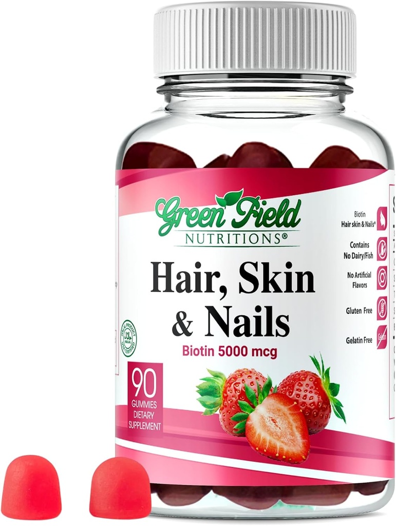 Greenfield Nutritions - Gommies de biotine halal Vitamine pour les cheveux, la peau et les ongles, soutient le métabolisme des graisses, la croissance des cheveux, les ongles forts et la peau claire, sans gélatine, sans OGM et sans gluten - 90 Gommies
