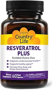 Country Life Resveratrol Plus 1000mg - Supplément antioxydant biologique avec extrait d'écorce de pin et de graines de raisin - végétalien, sans gluten, non-OGM