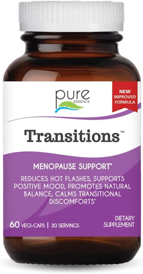 Pure Essence Labs Transitions Vitamines pour les femmes, Supplément naturel de soulagement de la ménopause pour promouvoir l'équilibre hormonal, réduire les éclairs chauds, les échangismes d'humeur et la sueur nocturne, 60 capsules