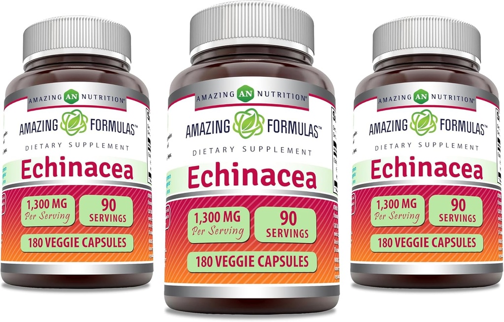 Amazing Formulas Echinacea | 1300 Mg | Veggie Capsules Supplement | Non-GMO | Gluten Free | Made in USA (3 Pack | 180 Count)
