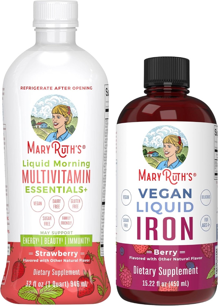 MaryRuth's Liquid Morning Multivitamin (Strawberry) & Iron Liquid (Berry) - Projet d'étiquette propre Vérifié® - Vitamines pour l'énergie, l'immunité et la santé globale - Végétaux, non OGM, sans gluten