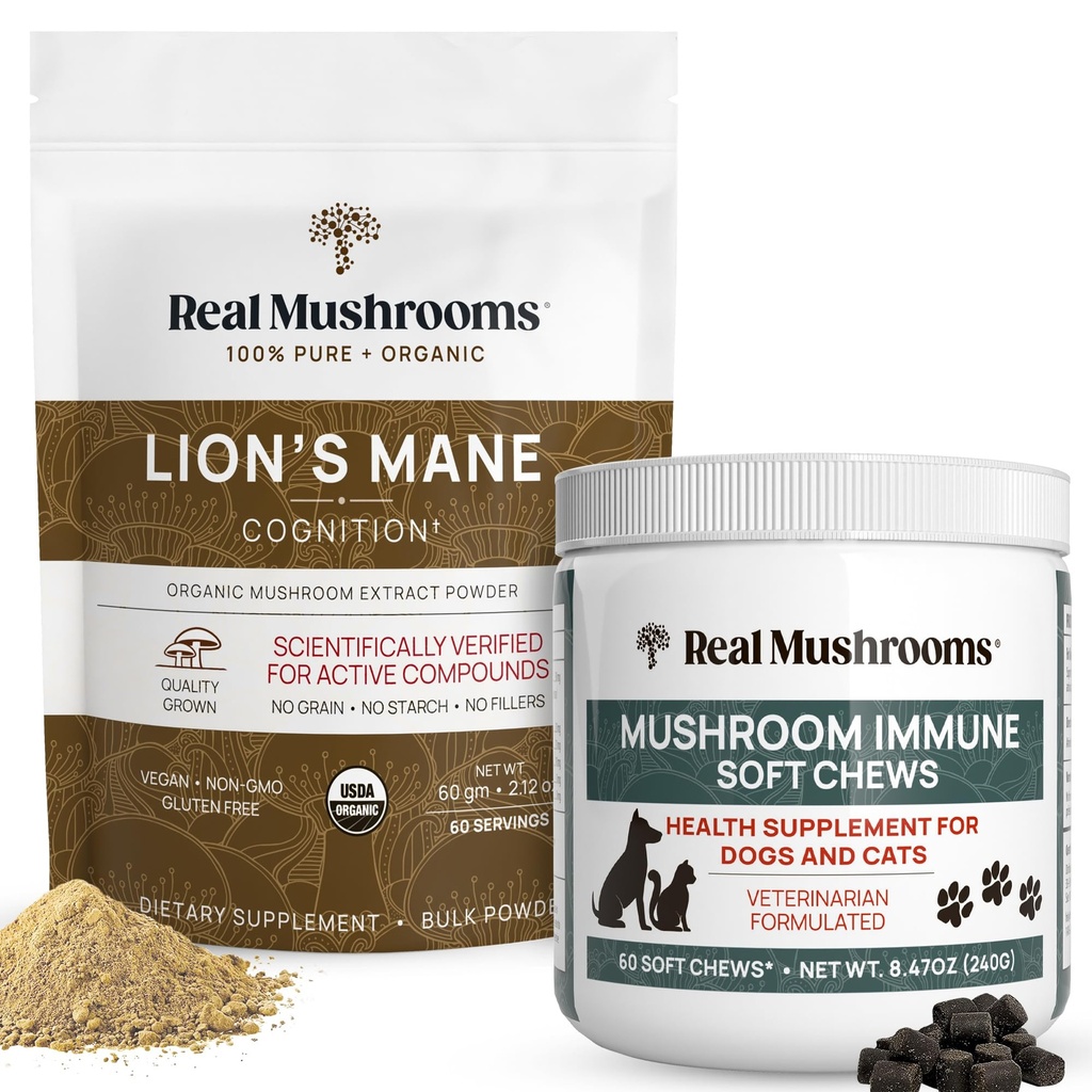 Véritables champignons Lions Mane Poudre pour les humains (60g) et champignons Imune Animaux Chews (60ct) - Ensemble pour la cognition et l'immunité - Ashwagandha, Astragalus & More - végétalien, non-OGM, sans gluten, sans grains
