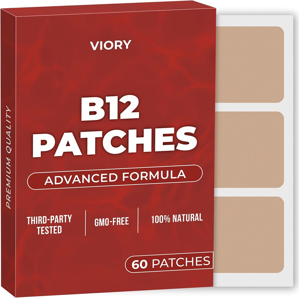 VIORY B12 Patches (paquet de 60) - Patch 100% naturel pour les femmes et les hommes - Renforcement, énergie, focus et soutien corporel - Formule améliorée