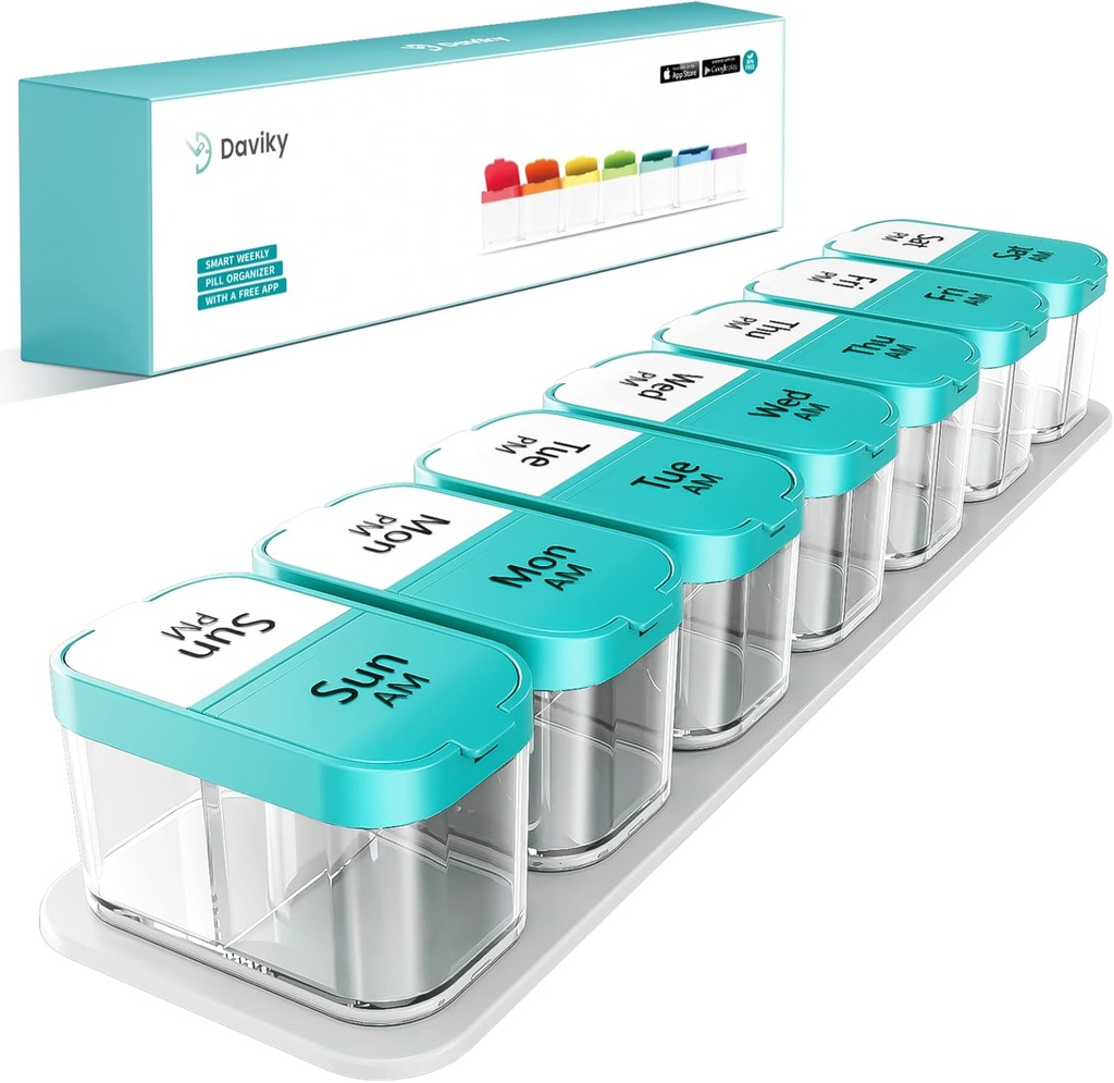 Daviky Large Weekly AM PM Pill Organizer - 7 jours, 2 fois par jour avec des compartiments extra grands pour les vitamines, la médecine, les suppléments (Cyan)
