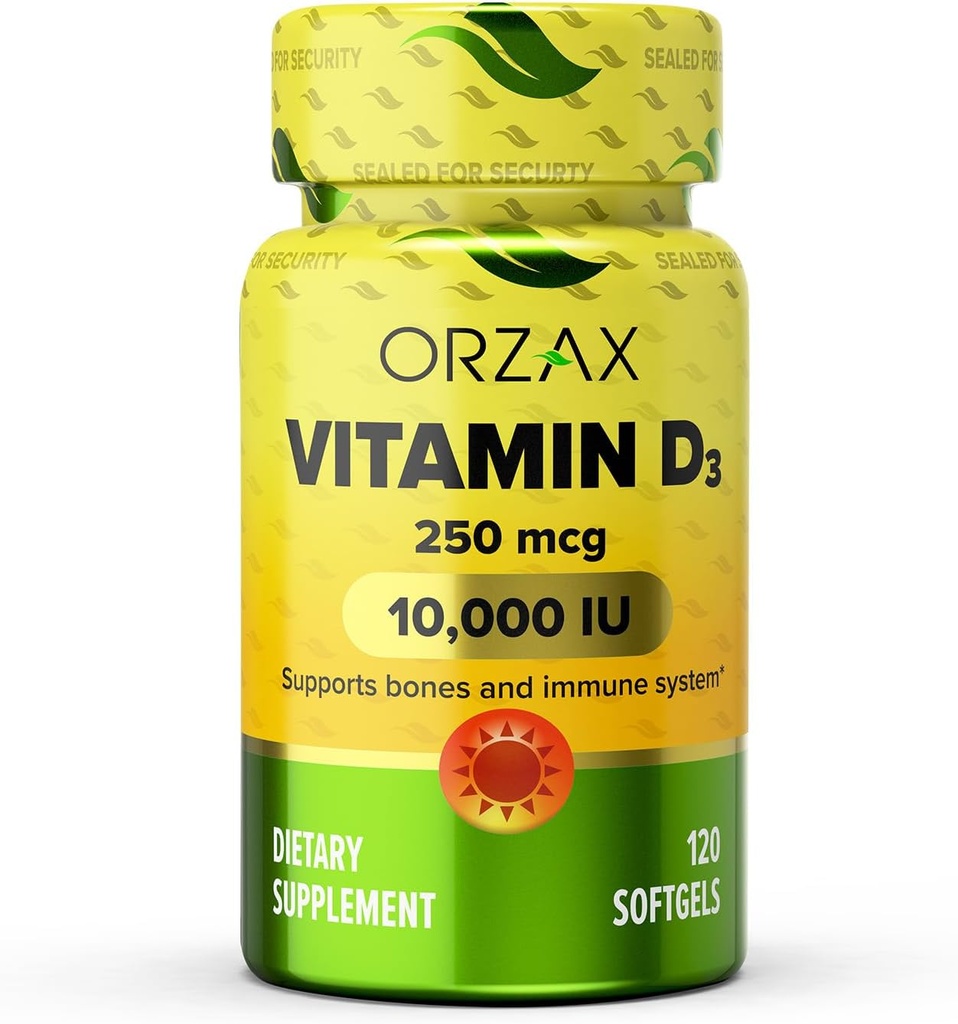 ORZAX Vitamine D3 10000 iu (250 mcg) – Non-OGM, sans gluten, sans sucre, sans lait – 120 jours d'approvisionnement pour la fonction musculaire forte et le soutien immunitaire – complément d'humeur pour le bien-être (120 Softgel)