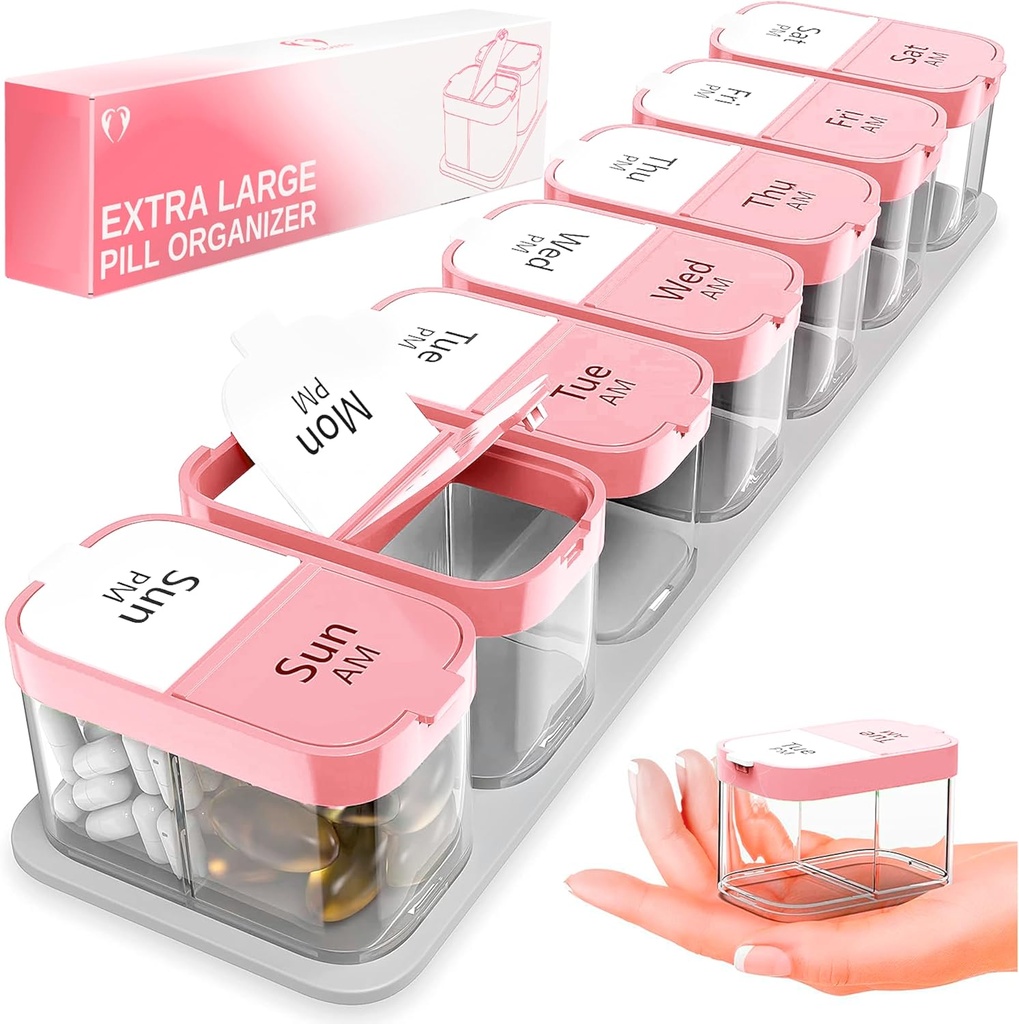Très grand organisateur hebdomadaire de pilules - XL Vitamine Holder avec 7 compartiments de PM amovibles - Distributeur de médicaments portables pour la maison et le voyage, grand contenant de supplément pour usage hebdomadaire ou quotidien, rose