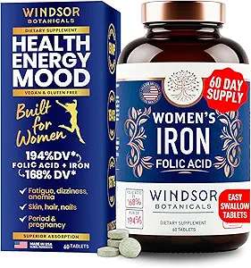WINDSOR BOTANICALS Suppléments liquides en fer pour l'anémie - Acides foliques, Vitamine C, Constructeur de sang végétalien et Supplément Anémie - 2 oz Orange Flavor gouttes douces en fer pour les femmes