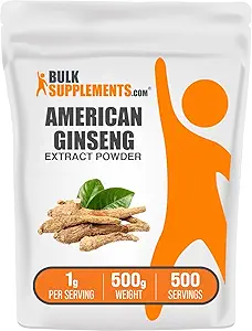 BulkSupplements.com Poudre d'extrait de ginseng américaine - supplément de ginseng, suppléments à base de plantes - sans gluten, 1g par portion, 500g (1,1 lb) (paquet de 1)