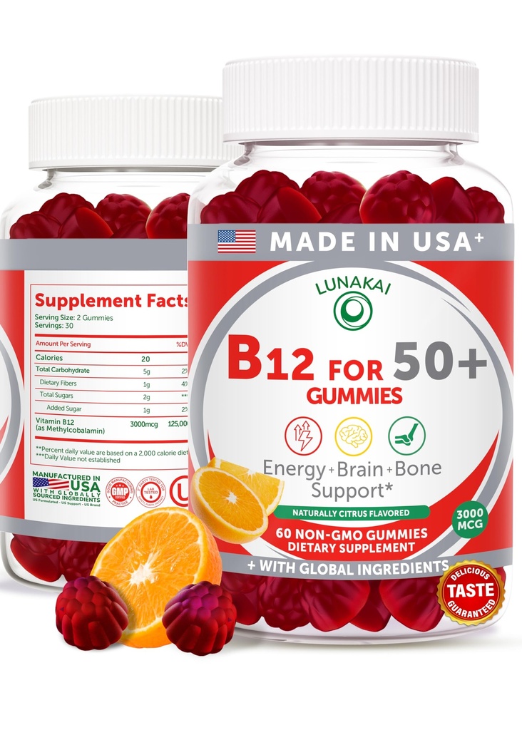 Lunakai USA Vitamine B12 Gommies pour adultes 50+, B12 non-OGM pour l'énergie et la vitalité, délicieuse saveur orange, 60ct