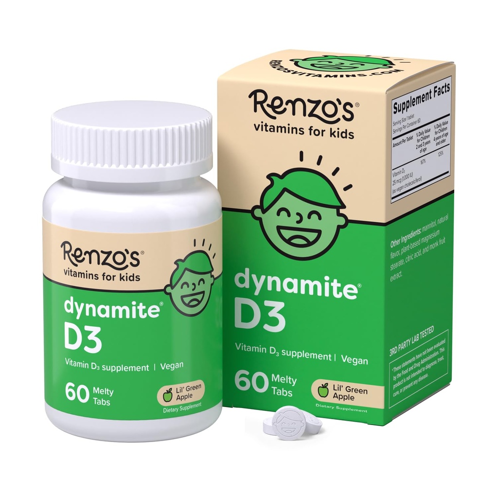 Dynamite de Renzo Vitamine D3, Dissoudre les enfants Vitamine D3, 60 comprimés sans sucre, Lil.