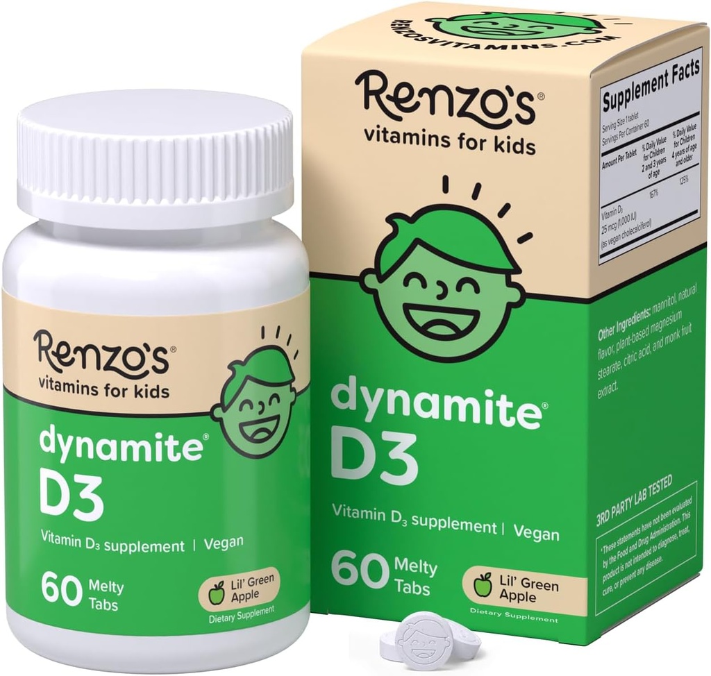 Dynamite de Renzo Vitamine D3, Dissoudre les enfants Vitamine D3, 60 comprimés sans sucre, Lil.