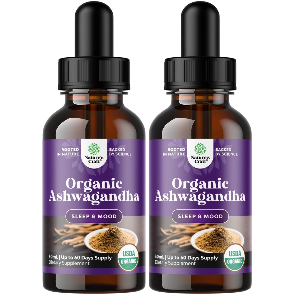 Natures Craft USDA Bio Ashwagandha gouttes liquides - Extrait de racine liquide Ashwagandha pour le stress et l'humeur support - Taste Adaptogenic Tecture Non OGM végétalien sans alcool et sans sucre (2 Pack)