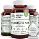 Acide pantothénique naturel à libération dans le temps Nutra 500 mg, supplément vitamine B5 aide à briser les graisses et les glucides, le métabolisme et l'énergie, améliorer la santé musculaire, réduire les taches de peau, 60 comprimés végétariens