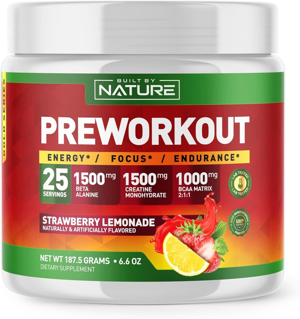 Construit par la nature poudre de pré-entraînement avec Beta Alanine, Créatine Monohydrate, BCAA, L Citrulline, L Arginine et caféine - Limonade de fraise Saveur - 25 portions