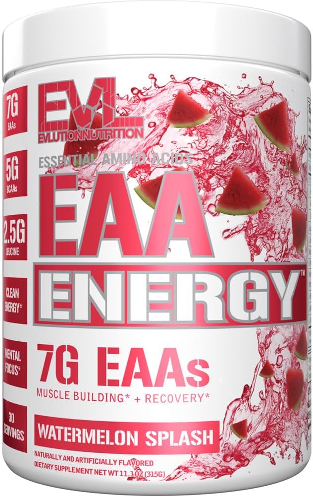 Évlution Nutrition EAA Énergie - Poudre avant et après l'entraînement - Muscle Building & Recovery Supplement - 7g Acides aminés essentiels + 5g BCAA - Énergie propre - avec caféine - 30 portions - Pastèque Splash