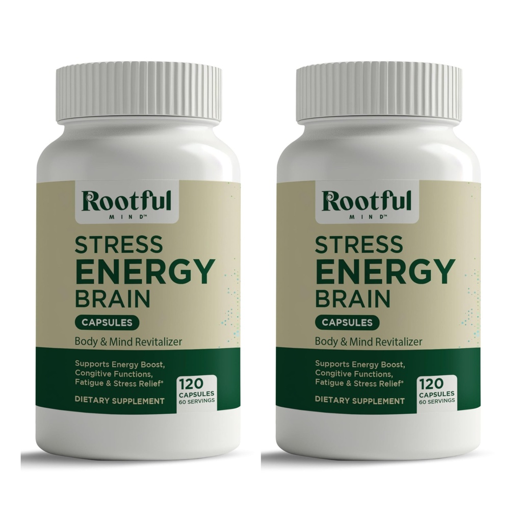 Stress Energy Cerveau - Supplément Fatigue avec Cortisol, Stress, Energy Support - Rhodiola Rosea, Lions Mane, L Theanine, Ginkgo Biloba, Lait Thistle, Fer - 2 mois d'approvisionnement