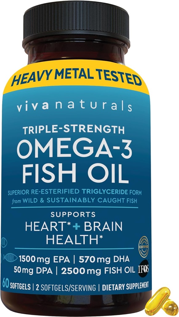 Viva Naturals Omega-3 Huile de poisson, Triple Strength, 2500 mg, 60 Softgels – Acides gras Omega 3 réestérifiés, y compris EPA, DHA, DPA - Amies Pascataires
