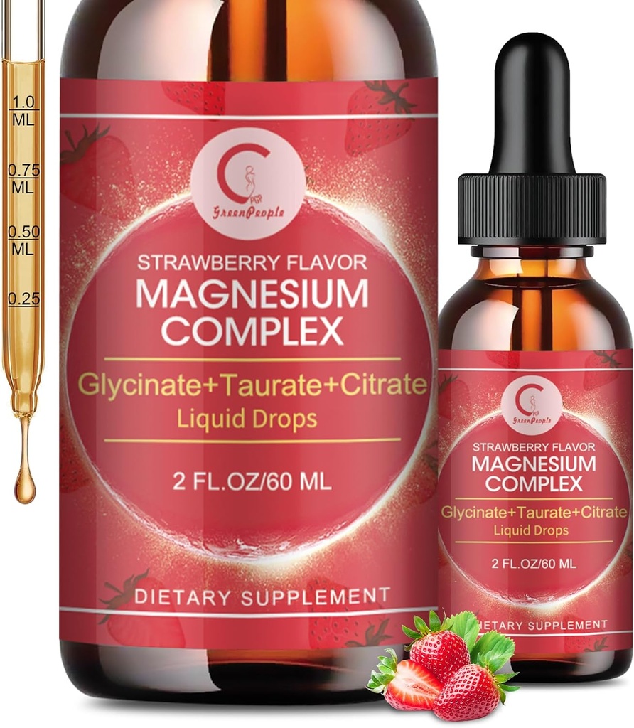 Triple complexe de magnésium gouttes liquides - Glycinat de magnésium gouttes liquides, Taurat et Citrate avec L-théanine, vitamine B6 pour le sommeil, Muscle, Santé immunitaire, Vegan, Non-OGM, Fraise Flavor, 2 Fl OZ